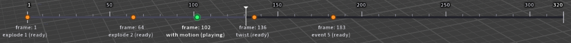 The on-screen event timeline, with orange ready markers and one green playing marker