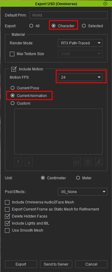 Character Creator's Export USD (Omniverse) panel