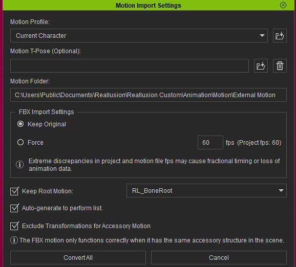 Character Creator's Motion Import Settings dialog — defaults are fine