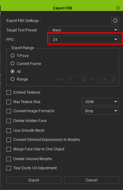 The iClone export menu